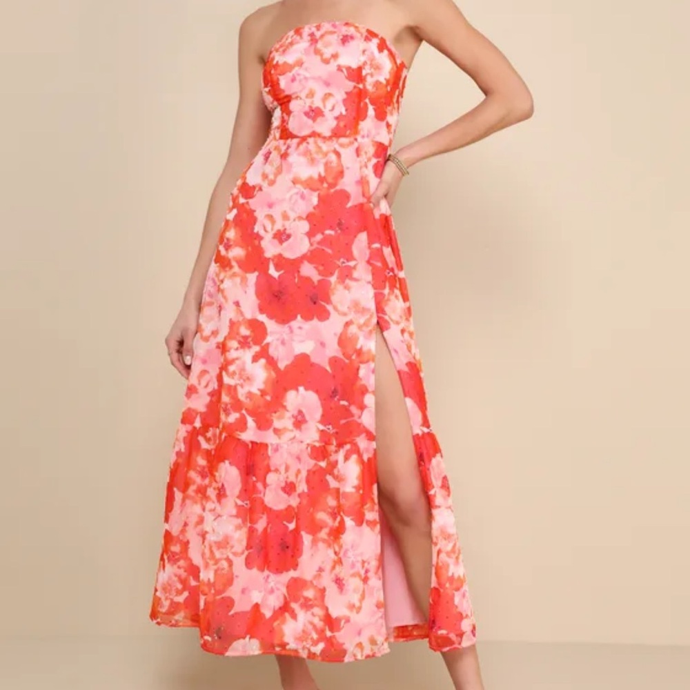 Lulus Floral Strapless Dress - Pink and Orange